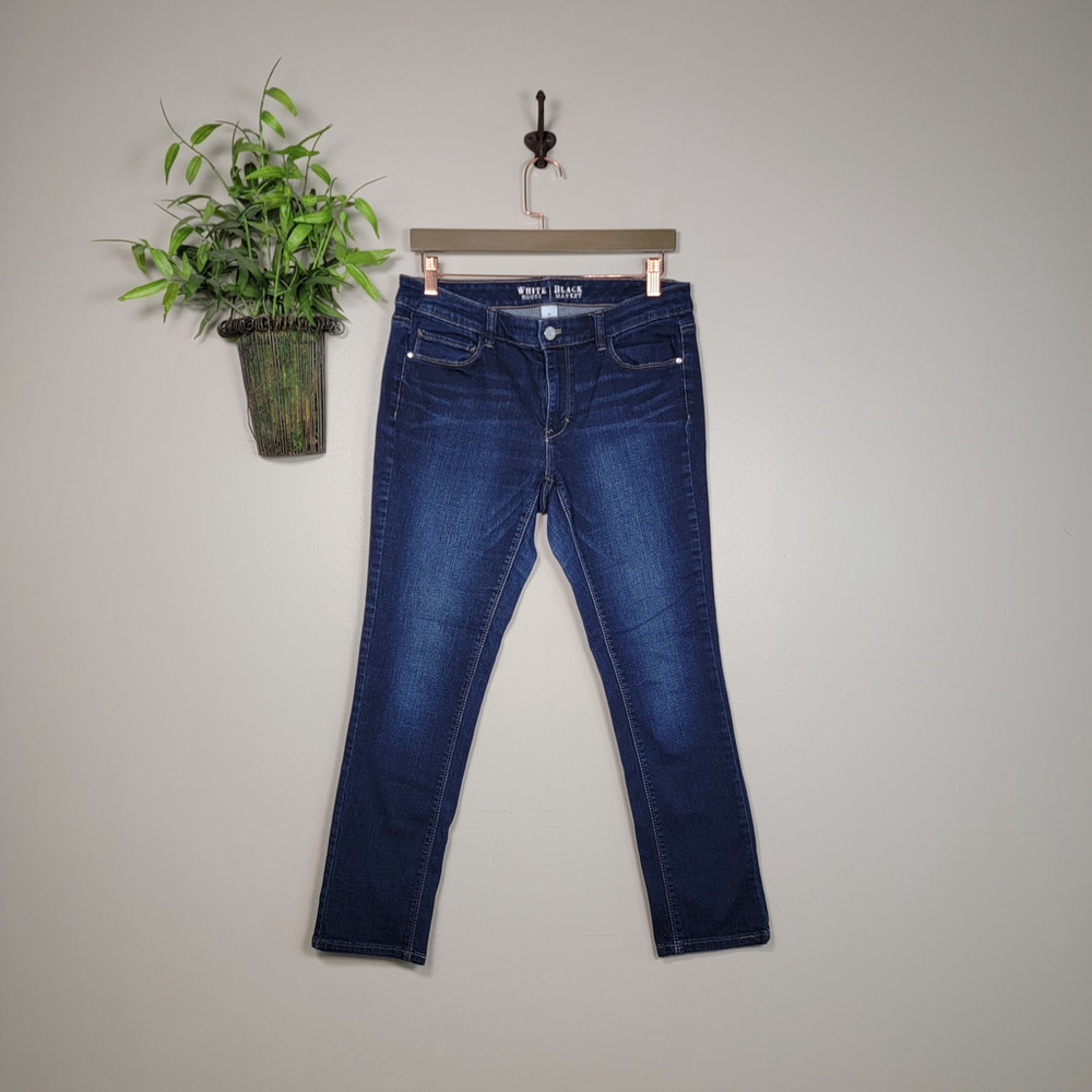 White House Black Market Skinny Leg Jeans Dark Wash Mid Rise WHBM Size 8 Short